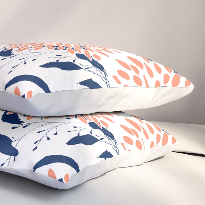Floral Prints and Leaves, White, Coral and Navy Pillow Sham Gallery Image 3