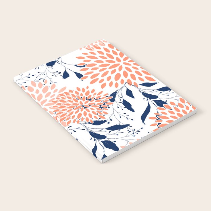 Floral Prints and Leaves, White, Coral and Navy Notebook Gallery Image 1