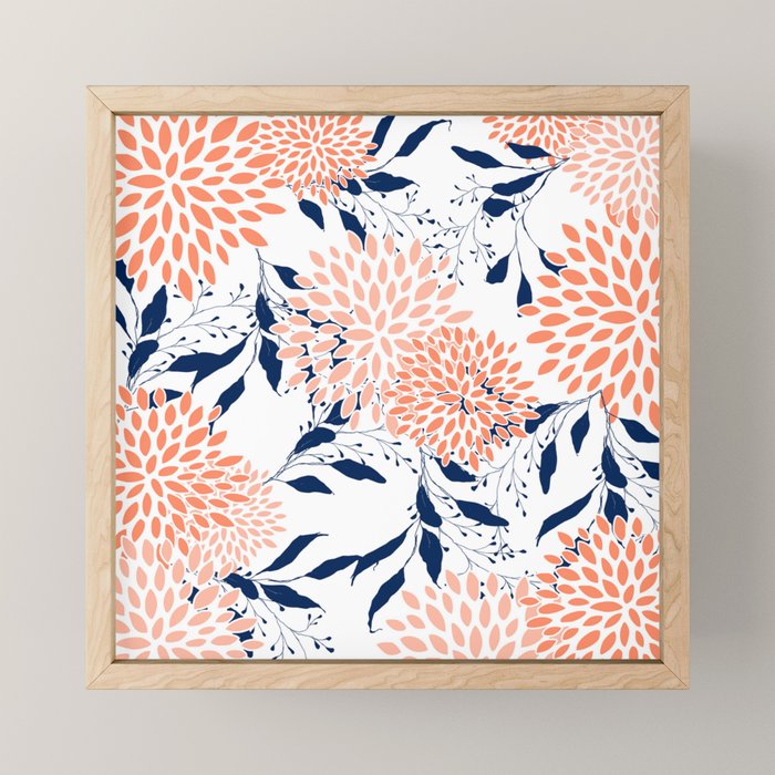 Floral Prints and Leaves, White, Coral and Navy Mini Art Print Gallery Image 1