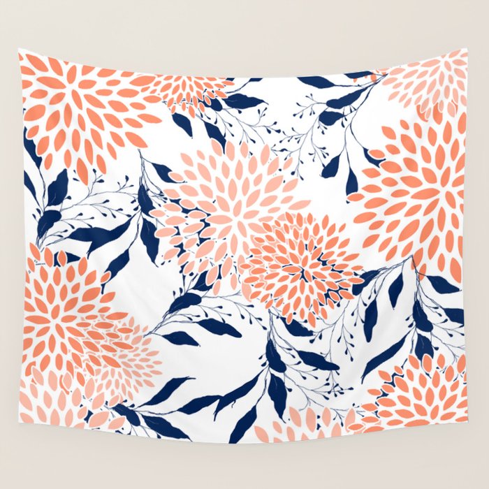 Floral Prints and Leaves, White, Coral and Navy Wall Tapestry Gallery Image 4