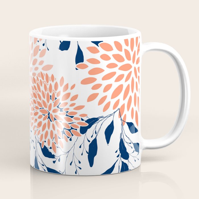 Floral Prints and Leaves, White, Coral and Navy Coffee Mug Gallery Image 1