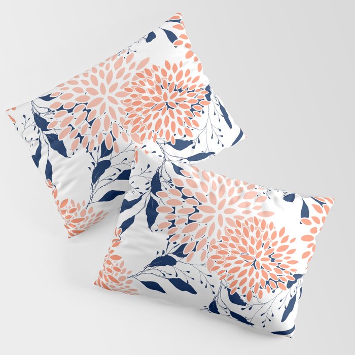 Floral Prints and Leaves, White, Coral and Navy Pillow Sham Gallery Image 1