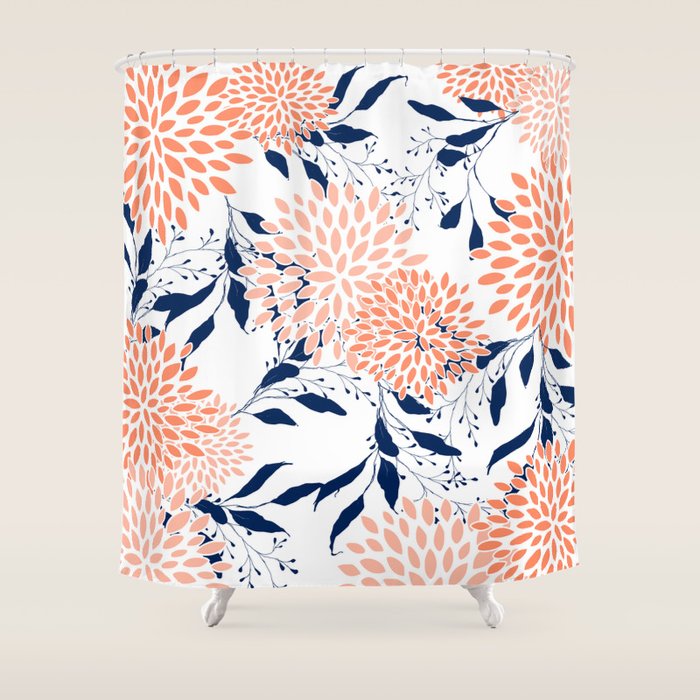 Floral Prints and Leaves, White, Coral and Navy Shower Curtain Gallery Image 1