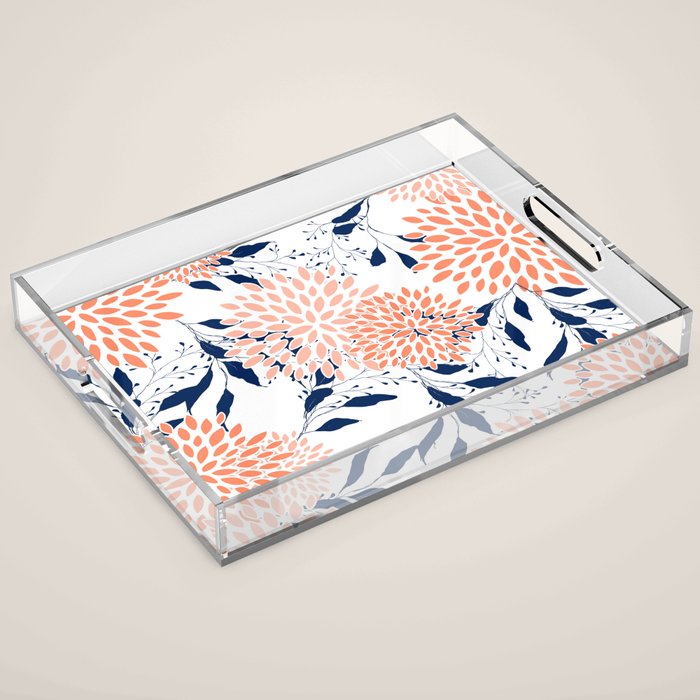 Floral Prints and Leaves, White, Coral and Navy Acrylic Tray Gallery Image 1
