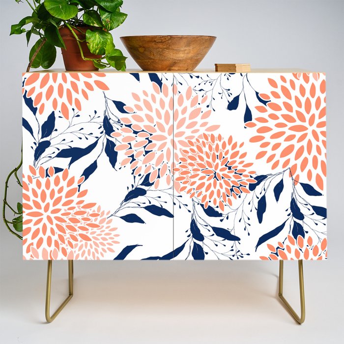 Floral Prints and Leaves, White, Coral and Navy Credenza Gallery Image 1