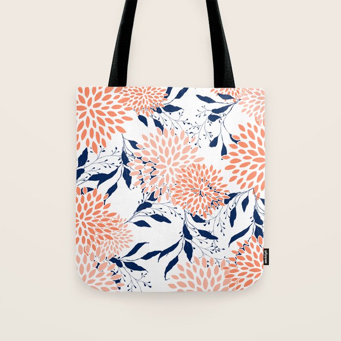 Floral Prints and Leaves, White, Coral and Navy Tote Bag Gallery Image 1