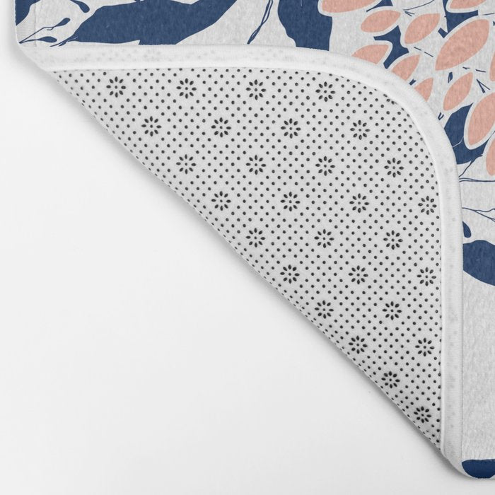 Floral Prints and Leaves, White, Coral and Navy Bath Mat Gallery Image 2