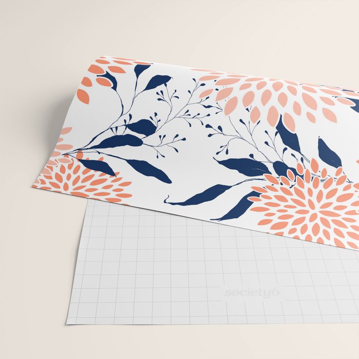 Floral Prints and Leaves, White, Coral and Navy Wrapping Paper Gallery Image 2