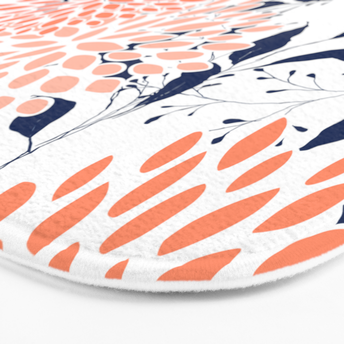 Floral Prints and Leaves, White, Coral and Navy Bath Mat Gallery Image 3