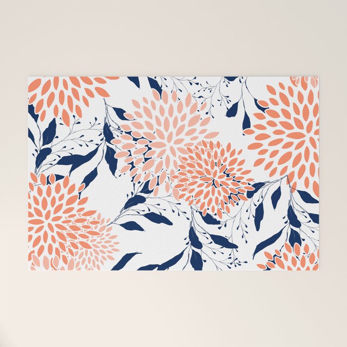 Floral Prints and Leaves, White, Coral and Navy Welcome Mat Gallery Image 1