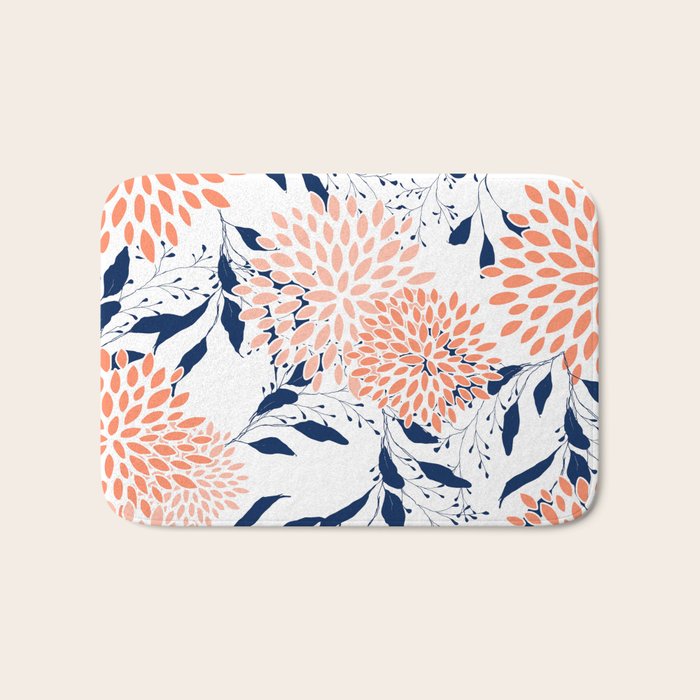 Floral Prints and Leaves, White, Coral and Navy Bath Mat Gallery Image 1