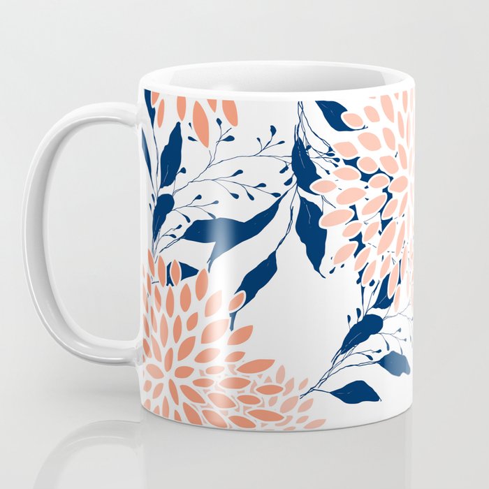 Floral Prints and Leaves, White, Coral and Navy Coffee Mug Gallery Image 3