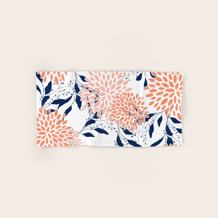 Floral Prints and Leaves, White, Coral and Navy Bath Towel Gallery Image 1