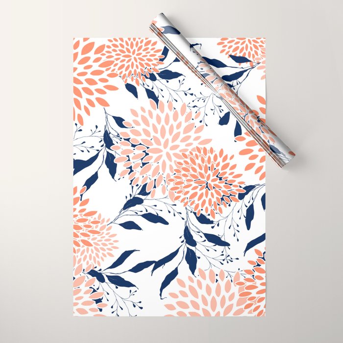 Floral Prints and Leaves, White, Coral and Navy Wrapping Paper Gallery Image 1