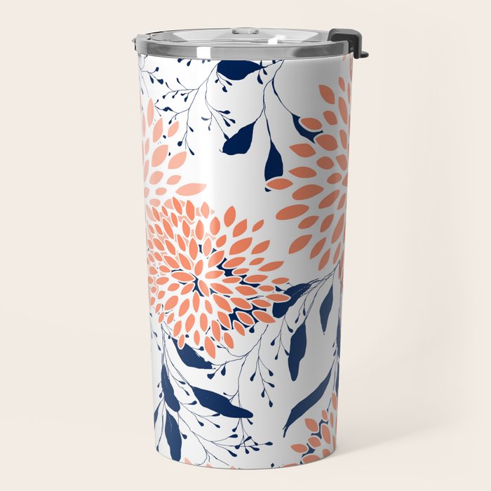 Floral Prints and Leaves, White, Coral and Navy Travel Mug Gallery Image 2