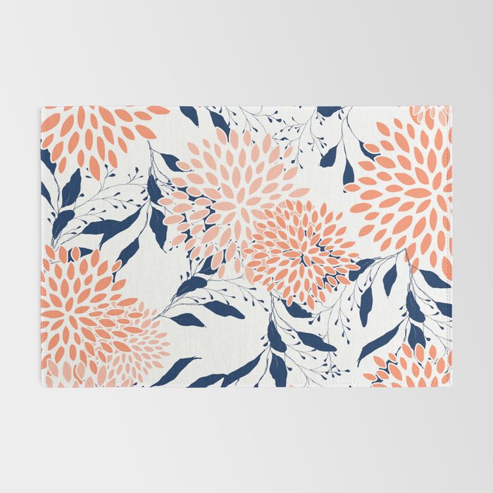 Floral Prints and Leaves, White, Coral and Navy Rug Gallery Image 2