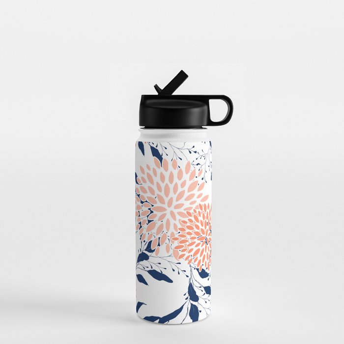 Floral Prints and Leaves, White, Coral and Navy Water Bottle Gallery Image 1