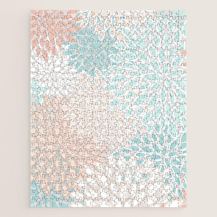 Floral Prints, Soft, Peach and Teal, Modern Print Art Jigsaw Puzzle Gallery Image 1