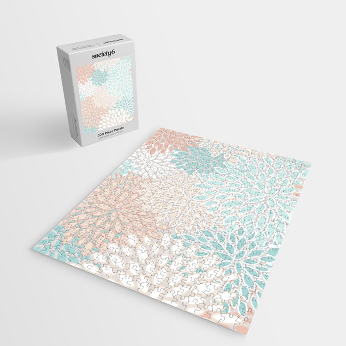 Floral Prints, Soft, Peach and Teal, Modern Print Art Jigsaw Puzzle Gallery Image 2