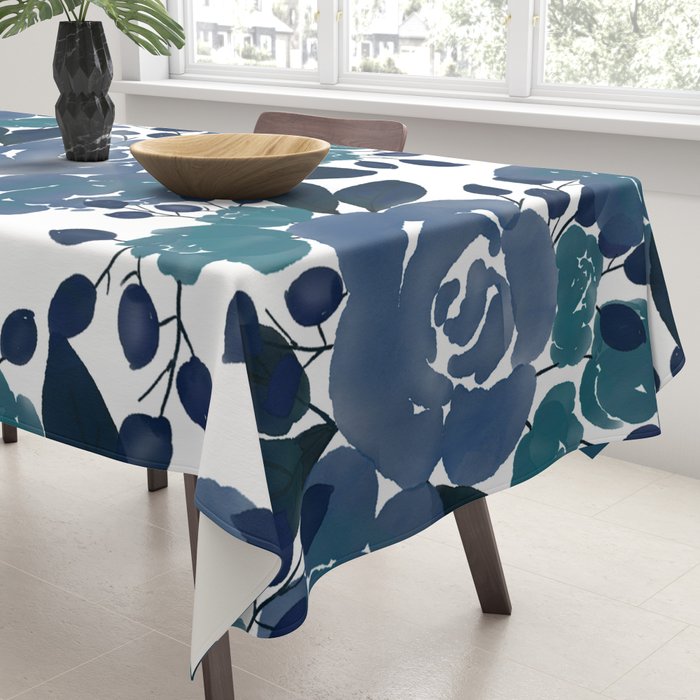Watercolor navy blue mauve green blue roses flowers Tablecloth Gallery Image 3