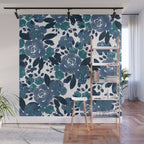 Watercolor navy blue mauve green blue roses flowers Wall Mural Gallery Image 1