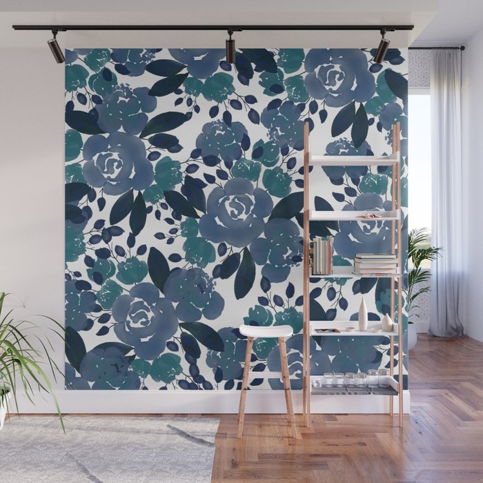 Watercolor navy blue mauve green blue roses flowers Wall Mural Gallery Image 1
