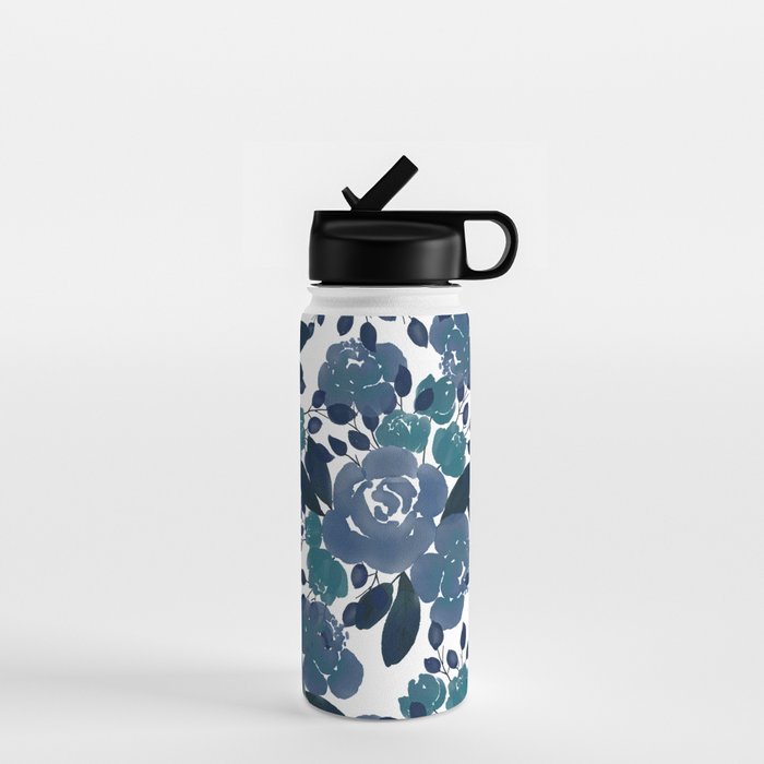 Watercolor navy blue mauve green blue roses flowers Water Bottle Gallery Image 1