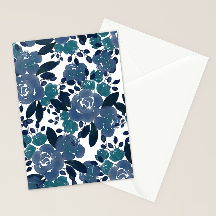 Watercolor navy blue mauve green blue roses flowers Stationery Card Gallery Image 2