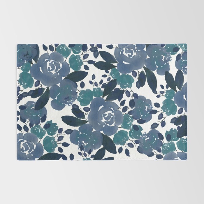 Watercolor navy blue mauve green blue roses flowers Rug Gallery Image 2