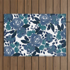 Watercolor navy blue mauve green blue roses flowers Outdoor Rug Gallery Image 1