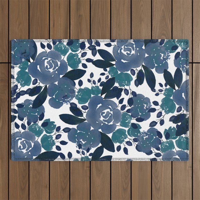 Watercolor navy blue mauve green blue roses flowers Outdoor Rug Gallery Image 1