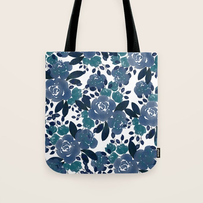 Watercolor navy blue mauve green blue roses flowers Tote Bag Gallery Image 1