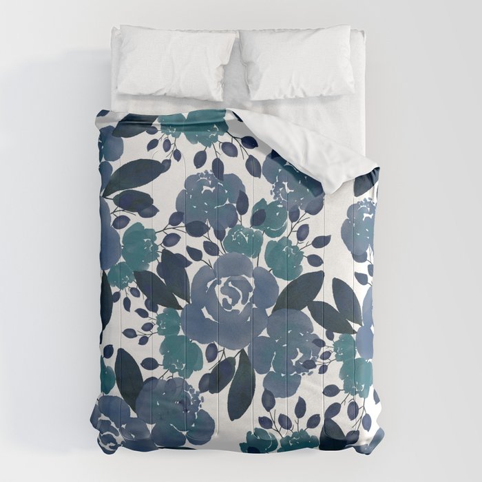 Watercolor navy blue mauve green blue roses flowers Comforter Gallery Image 1