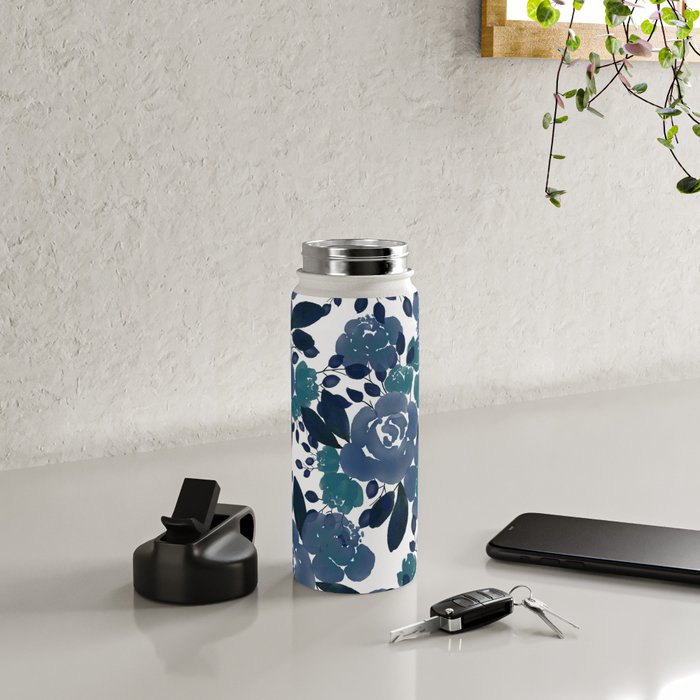 Watercolor navy blue mauve green blue roses flowers Water Bottle Gallery Image 4