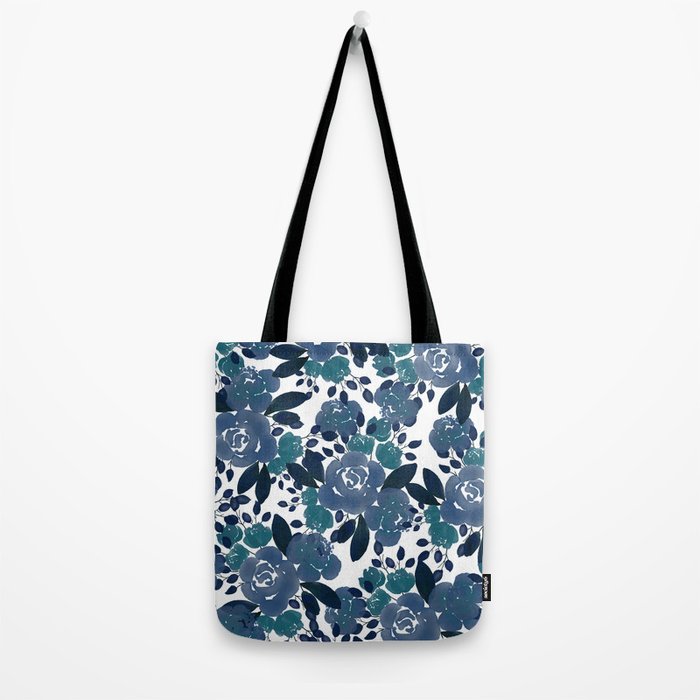 Watercolor navy blue mauve green blue roses flowers Tote Bag Gallery Image 2