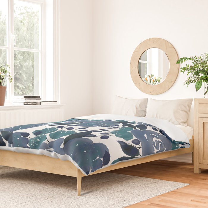 Watercolor navy blue mauve green blue roses flowers Duvet Cover Gallery Image 2