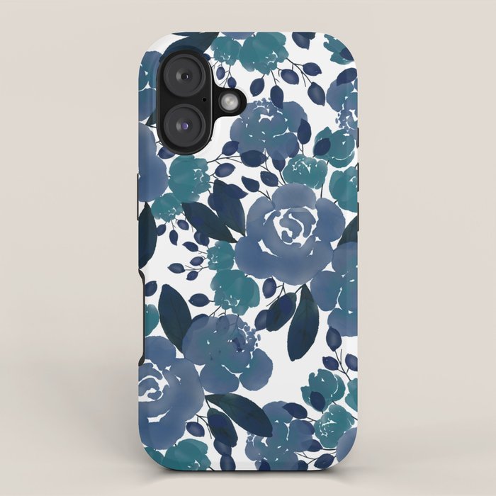 Watercolor navy blue mauve green blue roses flowers iPhone Case Gallery Image 1