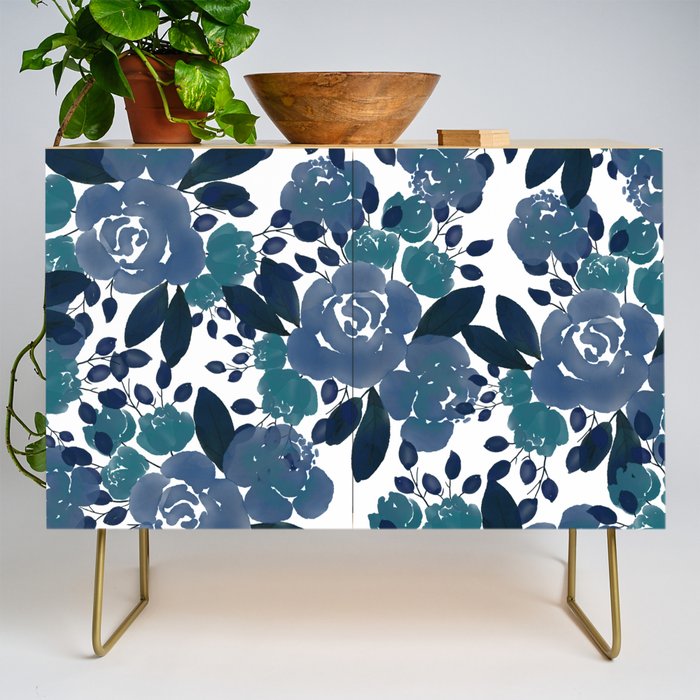 Watercolor navy blue mauve green blue roses flowers Credenza Gallery Image 1