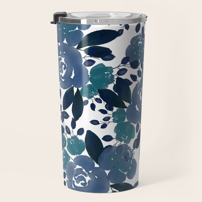 Watercolor navy blue mauve green blue roses flowers Travel Mug Gallery Image 3
