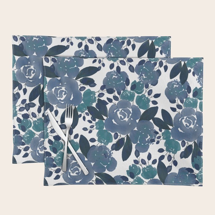 Watercolor navy blue mauve green blue roses flowers Placemat Gallery Image 1
