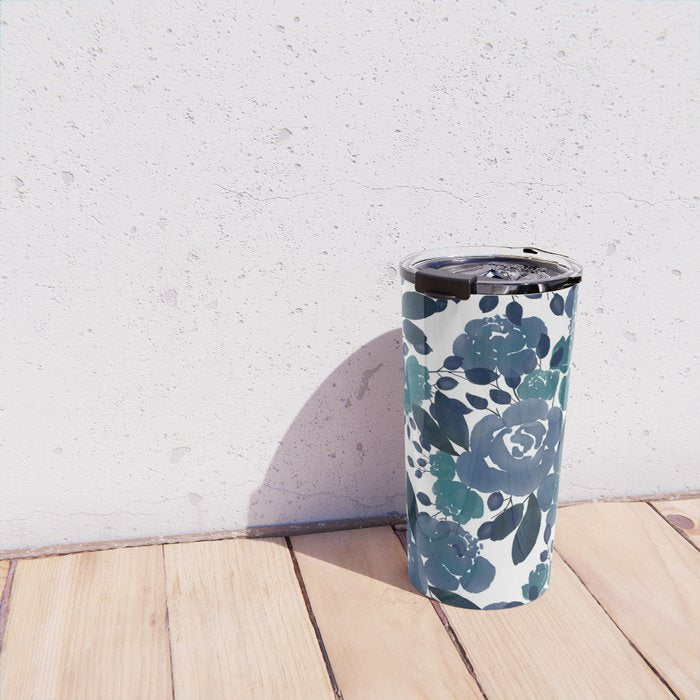 Watercolor navy blue mauve green blue roses flowers Travel Mug Gallery Image 4