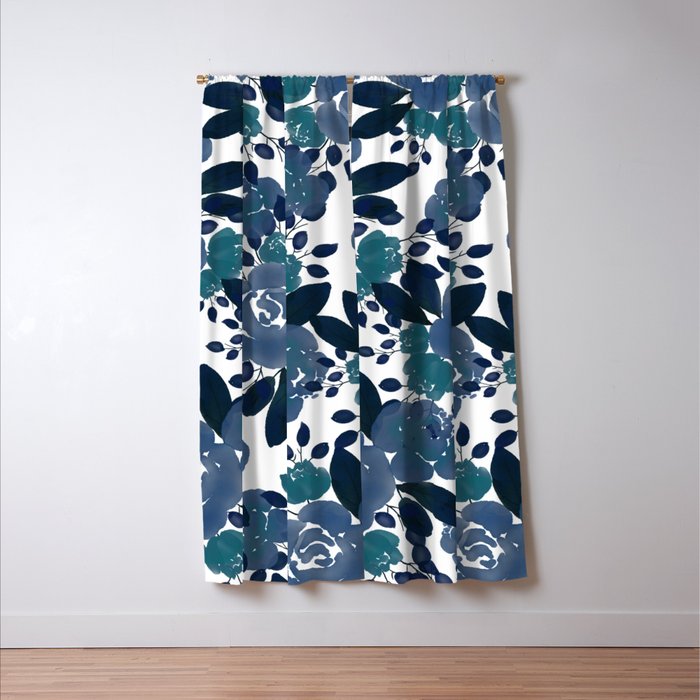 Watercolor navy blue mauve green blue roses flowers Window Curtain Gallery Image 3