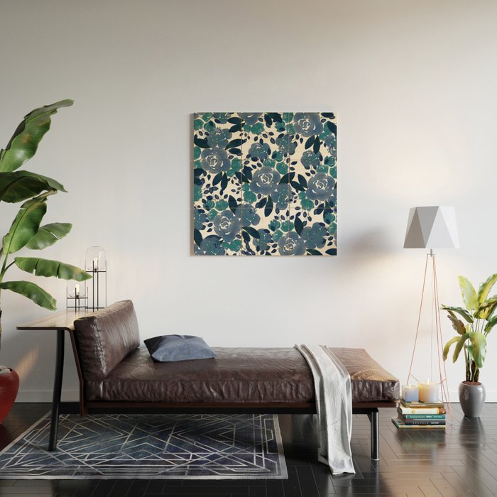 Watercolor navy blue mauve green blue roses flowers Wood Wall Art Gallery Image 2