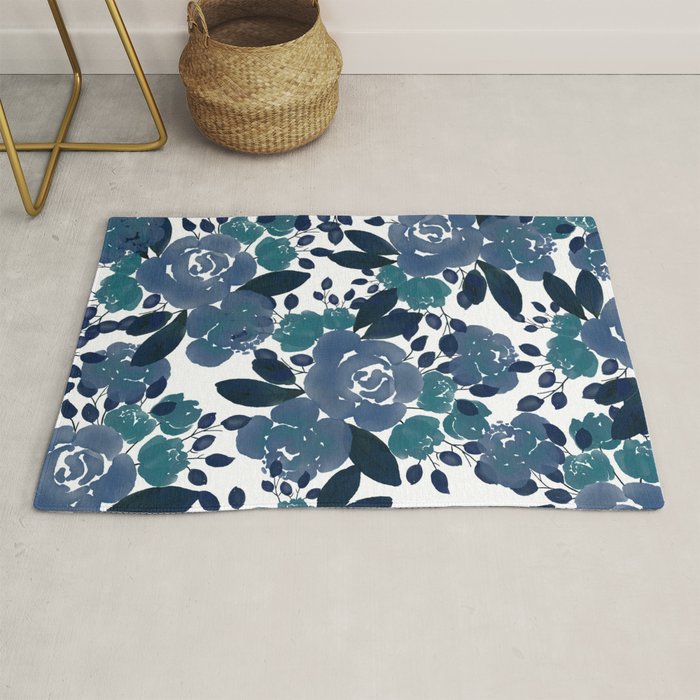 Watercolor navy blue mauve green blue roses flowers Rug Gallery Image 1