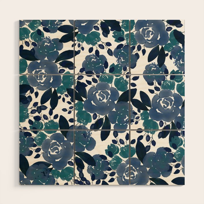 Watercolor navy blue mauve green blue roses flowers Wood Wall Art Gallery Image 1