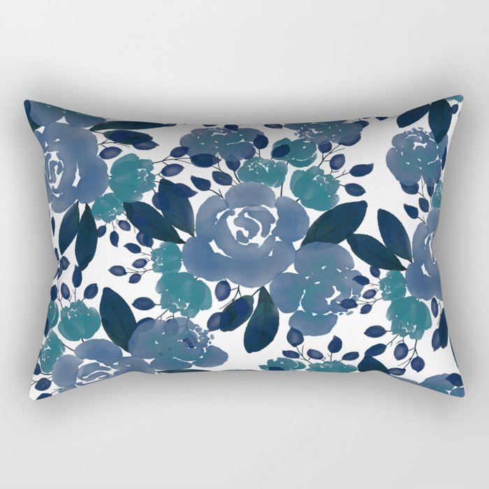 Watercolor navy blue mauve green blue roses flowers Rectangular Pillow Gallery Image 1