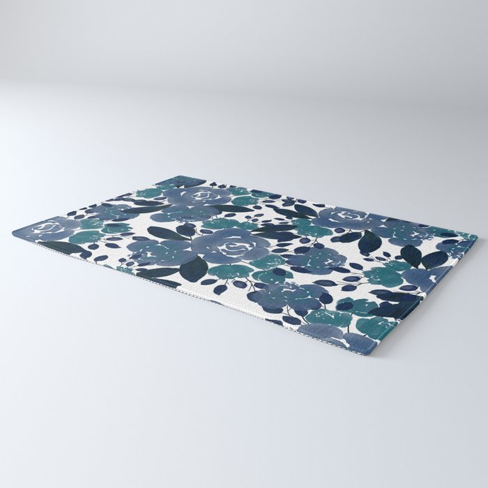 Watercolor navy blue mauve green blue roses flowers Rug Gallery Image 3