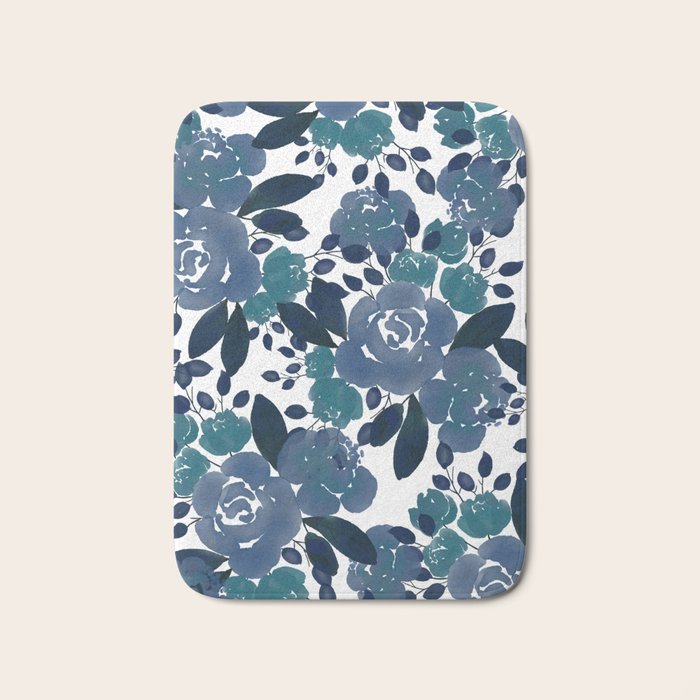Watercolor navy blue mauve green blue roses flowers Bath Mat Gallery Image 1