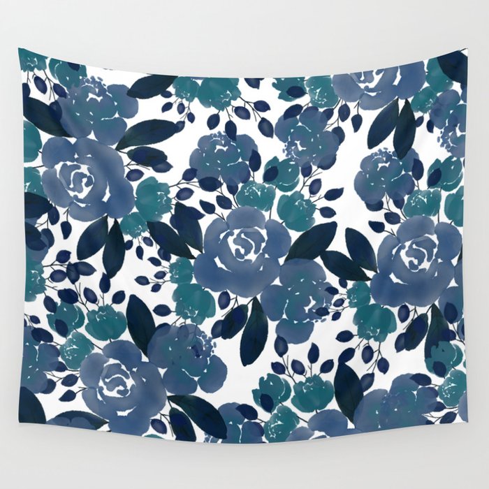 Watercolor navy blue mauve green blue roses flowers Wall Tapestry Gallery Image 4