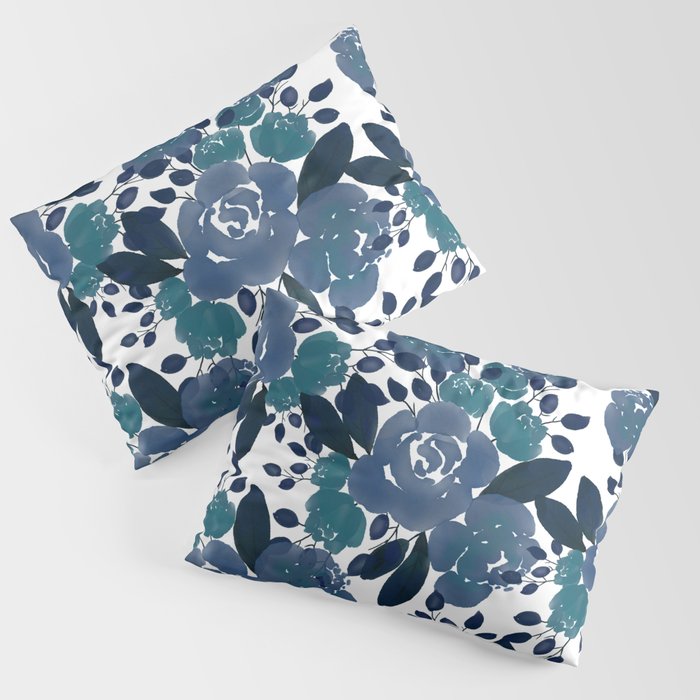 Watercolor navy blue mauve green blue roses flowers Pillow Sham Gallery Image 3